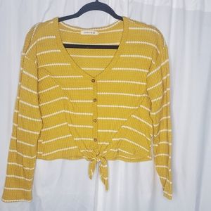 Caution to the Wind Yellow with White Stripes V-Neck Size Medium
